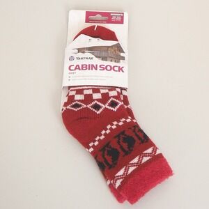 New Yaktrax Cabin Sock Women's OSFM Aloe Infused Cozy Socks Penguins Red Warmth